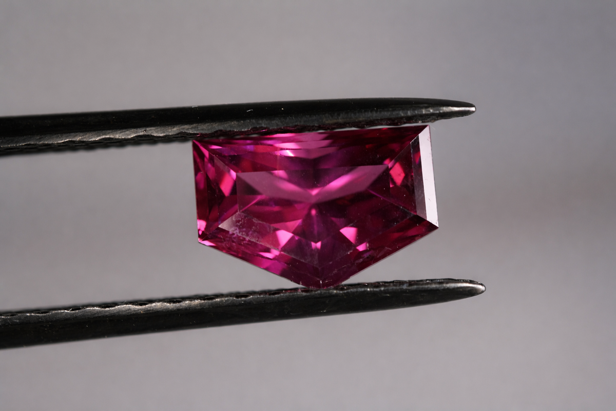 A deep pink sapphire held during the gem selection process for a custom jewelry piece by Alexis Pavlantos.