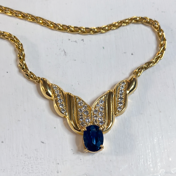 An heirloom sapphire necklace before being reimagined into a modern custom pendant by Alexis Pavlantos.