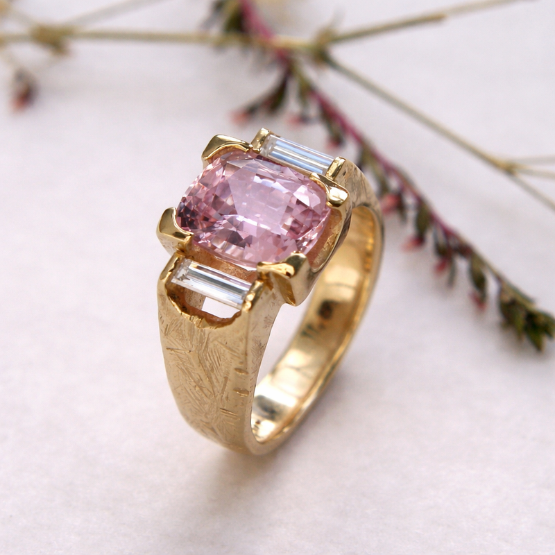 Bespoke engagement ring featuring a cushion-cut pink sapphire with baguette diamond accents set in hand-textured gold, created by Albuquerque-based New Mexico jeweler Alexis Pavlantos.