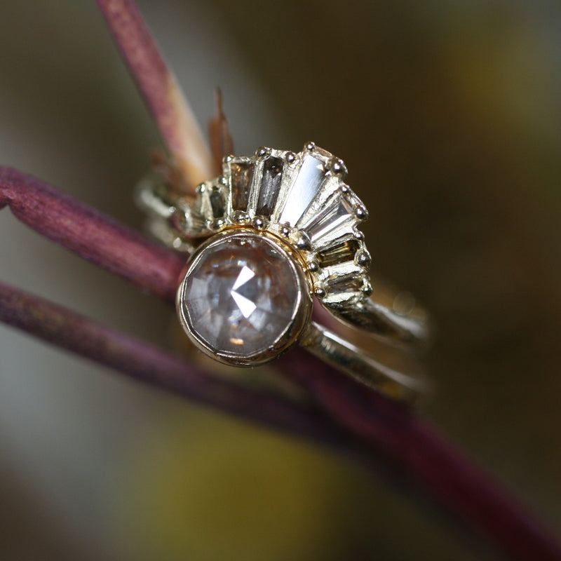 Custom engagement ring featuring a rose-cut diamond center with fan-shaped baguette accents in hand-fabricated gold, designed by Albuquerque-based New Mexico jeweler Alexis Pavlantos.